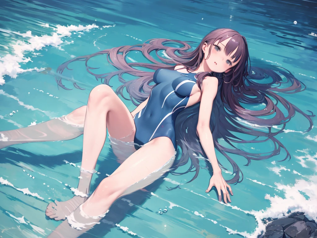 masterpiece、highest quality、High resolution、Very detailed、Mature Woman、In the water、Swimming、Competitive swimming suits、High leg、long hair、Bubble、grace、