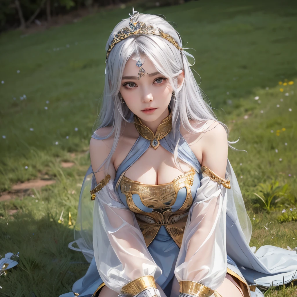 Girl, spellcaster, gold and silver uniform, silver hair, wear tiara, wear transparent face bandana, round face, detailed face, picture form top to knee, sexy pose, big chest, look at camera, camera from top to bottom, detailed, photorealistic, best quality, grass background