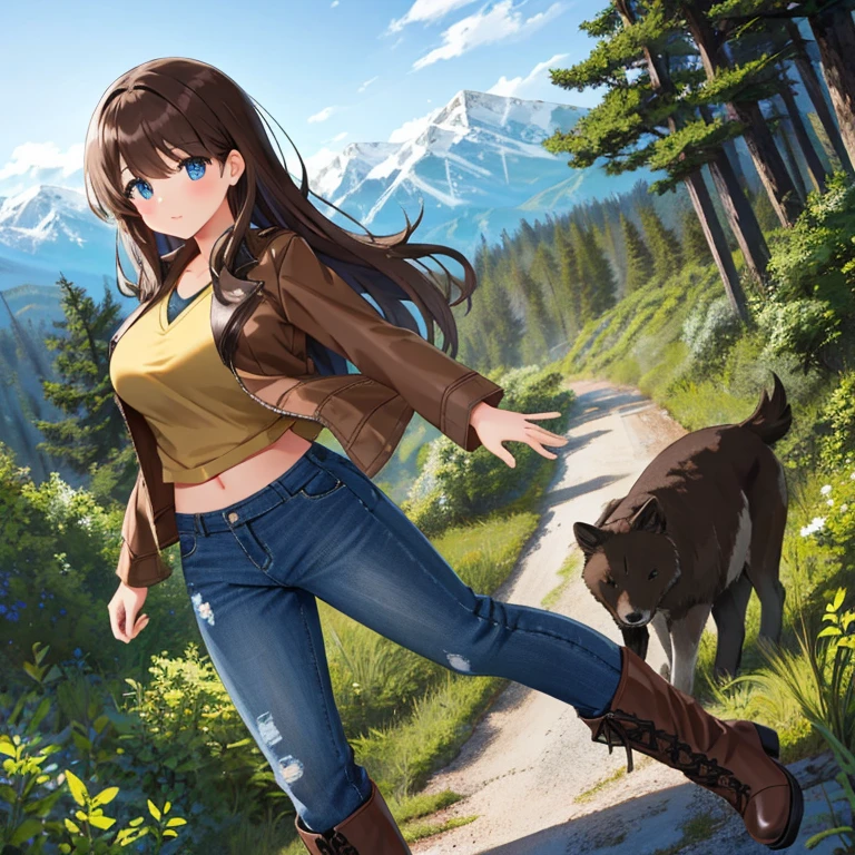 A Beautiful Cute Girl, with ((Lush, Long Dark-Brown Hair)), (Big Beautiful Blue Eyes), Very Large Chest, Huge Hips, and a very Athletic Figure. She’s wearing a ((Brown-Leather-Jacket)), a (Light-Blue Shirt), (Worn/Weathered, Dark-Blue Jeans), and (Grey Boots). Hiking in a Forest, within the Mountains, Beautiful View of the Mountains in the distance,