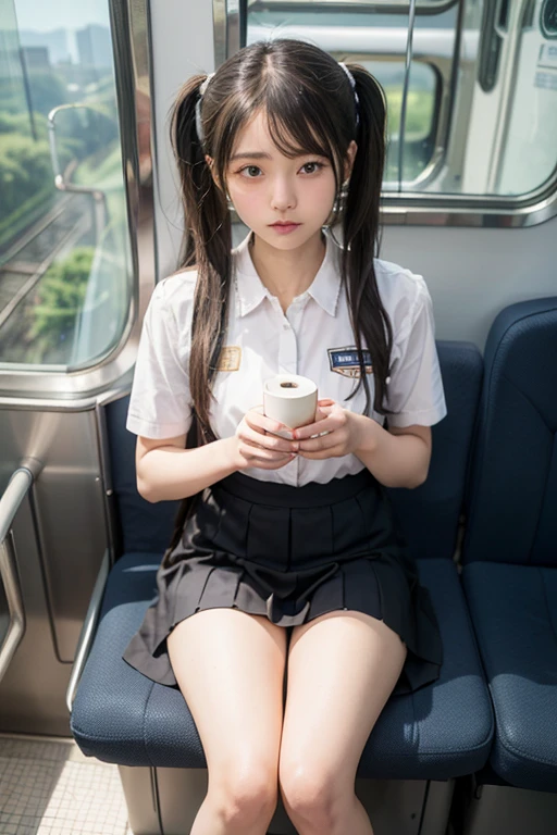 "(masterpiece)、(Best image quality)、Twin tails, Japanese girl, uniform、Pleated skirt skirt,(( Accentuate your thighs)), White thighs, Soft thighs, Shiny thighs, (train背景:1.5)、(trainベンチ、View from the train window、train:1.1), Alignment angle, (((Angle from above))),trainの座席に座っている,Sit in front,trainの床に足を置く,whole body,Looking down and sleepy,(Only watching the audience)", ((Japanese Idols、Pretty face))