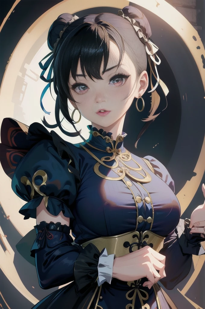 Sfw, (vivid colors,ultra-detailed),(best quality:1.37)chun li reimagined as a Victorian goth girl in a dark Victorian era backdrop, full body, 