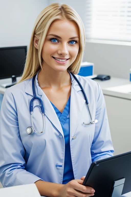 Very attractive blonde woman, doctor. blue eyes, facing the camera. Smiling. In an expensive clinic.