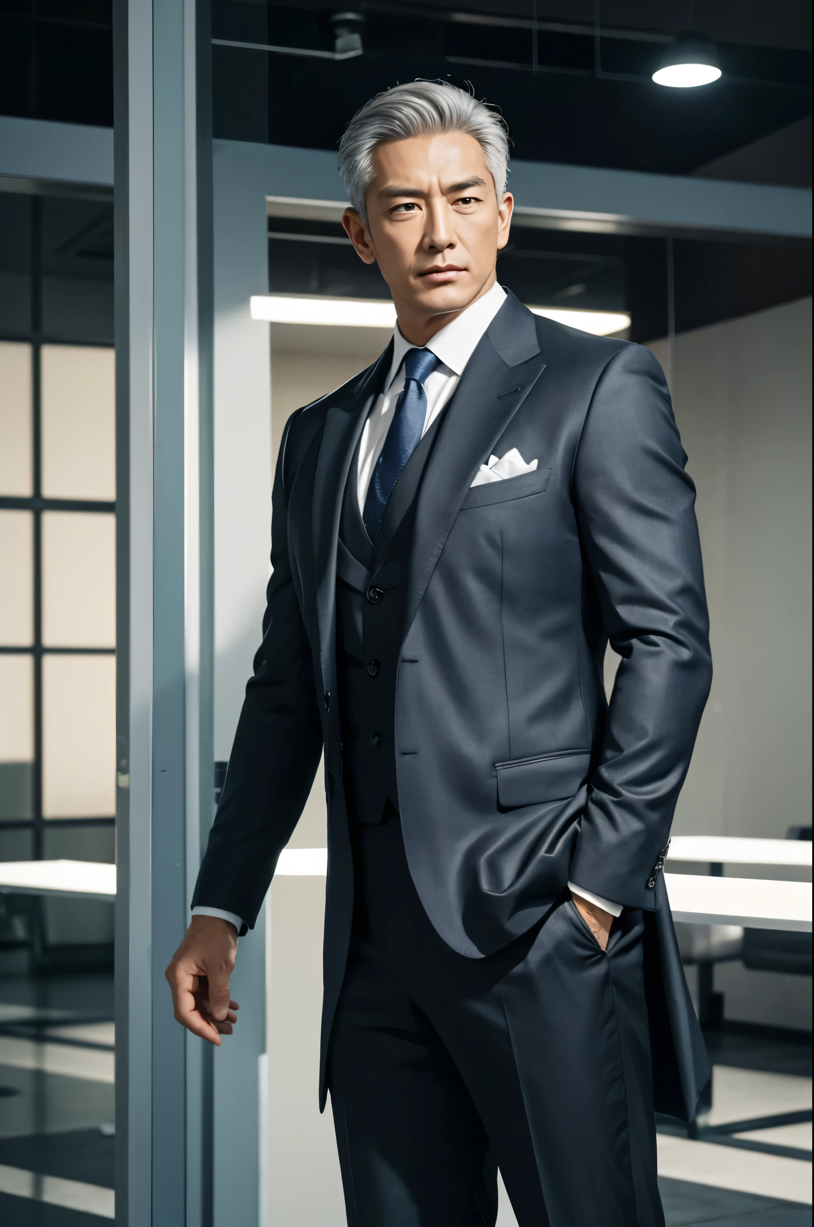 "Masaki, a towering figure with an air of authority, impressively muscular physique despite his age, disciplined lifestyle, grey hair neatly styled adding distinguished charm, sharp eyes glinting with intelligence and determination, handsomely featured, always in perfectly tailored suits enhancing his build, reflecting status and success, in a photorealistic image, high-end executive fashion photography style, full body shot, 85mm lens, professional and authoritative lighting, high resolution 8K, capturing his powerful presence and experienced wisdom (high-end executive fashion photography:1.4), (muscular and distinguished:1.3), (professional and authoritative lighting:1.2)"