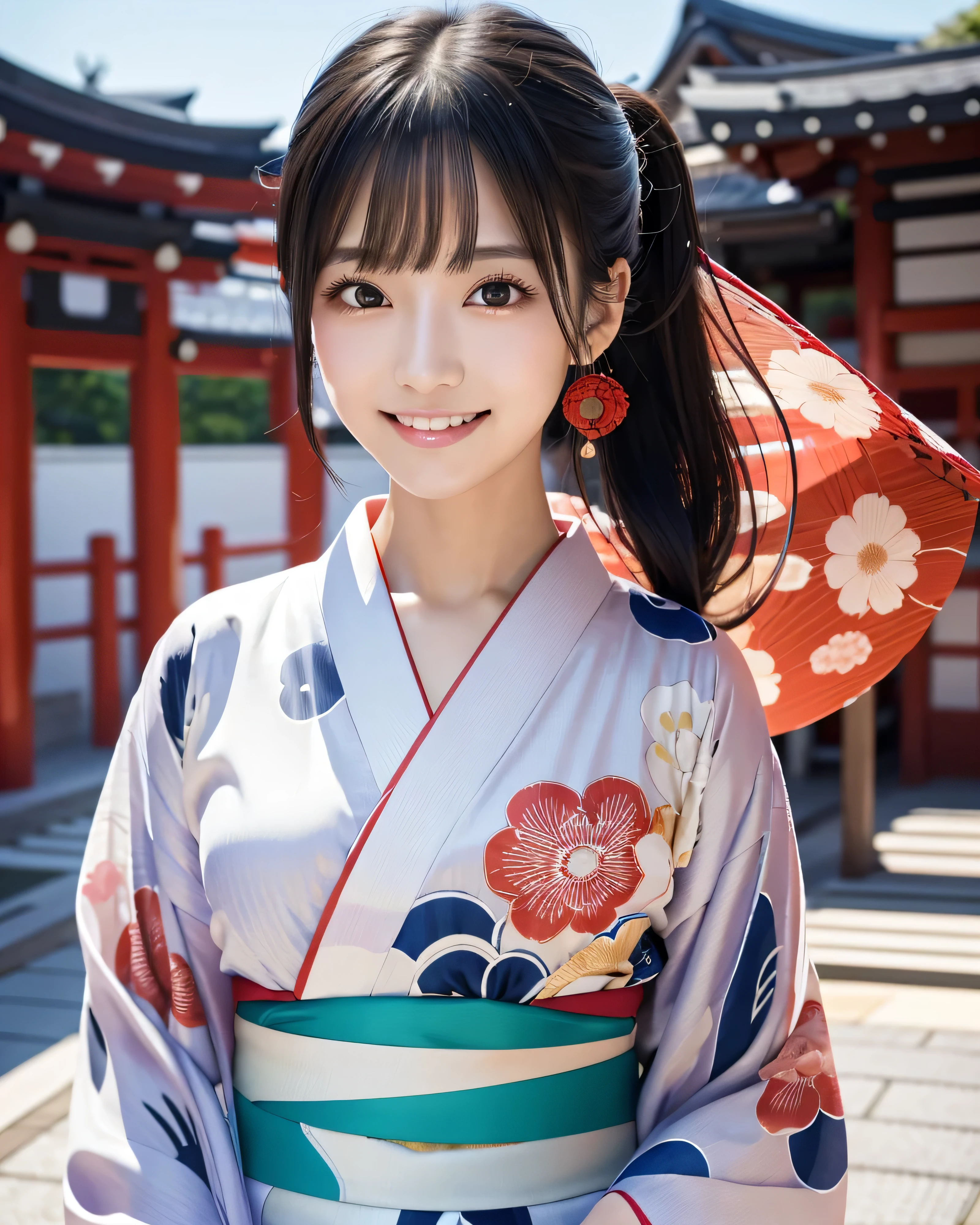 (highest quality, 32k, High resolution, Masterpiece:1.5, ), marimo_jet, Transparent air, Beautiful Japanese Girl, one person, Very beautiful face, Shiny black hair, ponytail, Asymmetrical bangs, Magical big eyes, A loving look, Double eyelids, Clear, smooth, white skin, Pale pink detailed lips, White and perfect teeth, Natural Makeup, Motherhood and generosity, (fleeting smile:0.7), Red kimono, ((traditional Japanese Yukata)), Dazzling summer sunshine, Japanese cityscape, detailed blue sky, Professional Lighting, Professional photographer, Professional models, mysterious