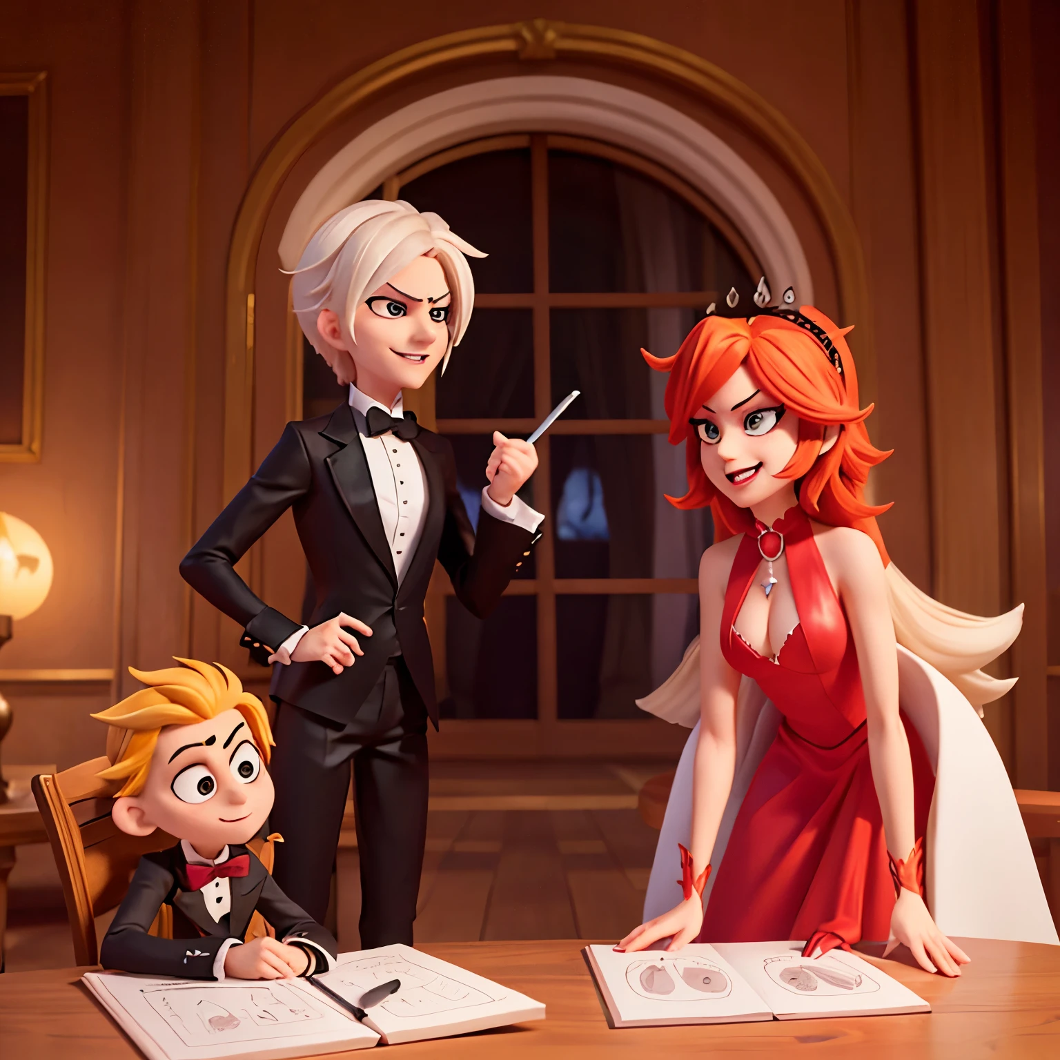 crea un dibujo de lucifer y alastor hablando de los personajes de hazbin hotel