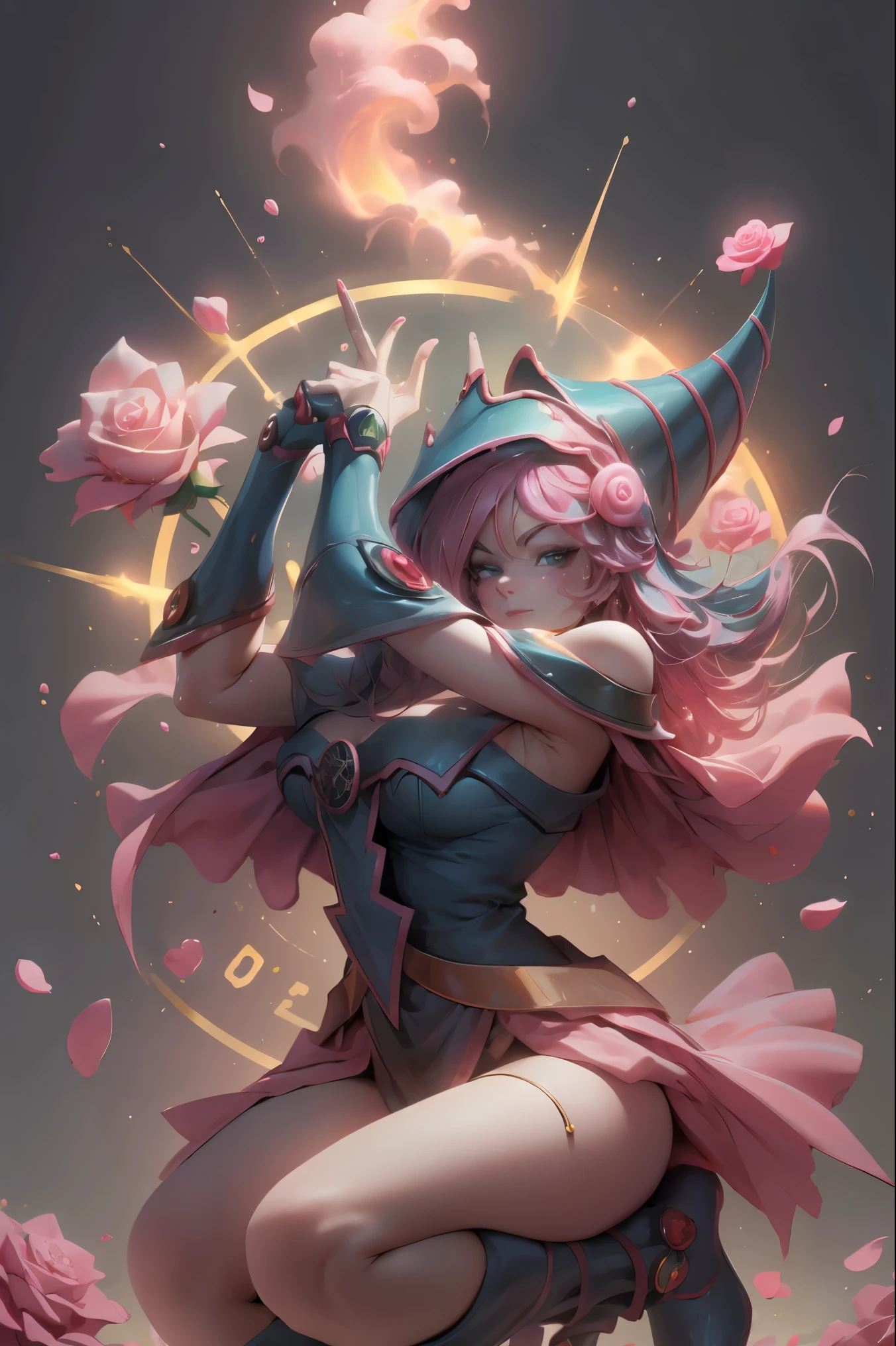 Hermosa dark magician gils. Joven con cabello corto y rubia. Ojos verdes. Labios rosados. She is in a garden of red roses. Rosas rojas la rodean. Pose y inocente. Fondo de rosas rojas y lluvia