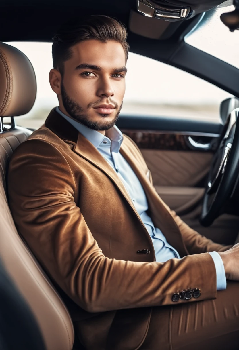 Realistic , Portrait de bel homme brun dans voiture de luxe
