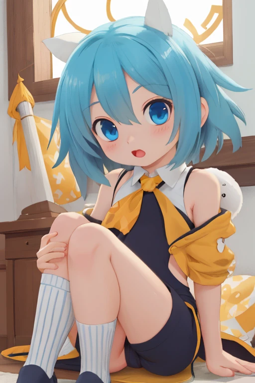 blue eyes and a yellow tie sitting on the ground, kagamine rin,rin,the anime girl is crouching,,high quality fanart,kagamine rin,realistic,((((short pants))),visible labia majora,no panties,flat chest,ecchi,(((visible labia majora))),loose hem short pants,indoors,(((M shaped legs))),((((no panties)))),visible labia majora from hem,loose knee high socks,