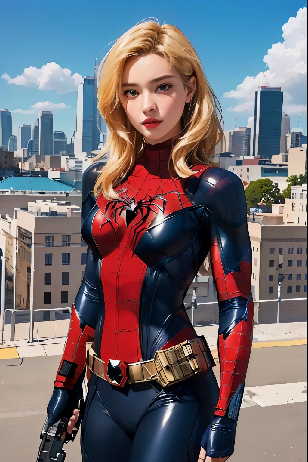 a close up of a woman in a red and black suit with a gun, betty cooper, gwen stacy, marvel style, extremely detailed artgerm, in style of marvel, ( ( spiderwoman ) ), chris moore. artgerm, marvel comics style, medium close - up ( mcu ), in style of marvel comics, highly detailed exquisite fanart, marvel art