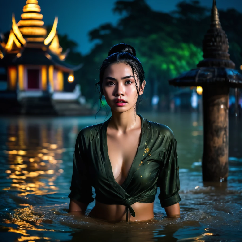panic-sticken beautiful woman, pretty face with tear and sweat, worried and frightful facial expression, perfect body, wet black hair, tightly bun hair, walking into the water, forsaken Thai temple with pagodas, night sky, dim ancient torch light, mysterious tone,