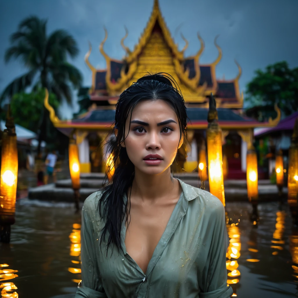 panic-sticken beautiful woman, pretty face with tear and sweat, worried and frightful facial expression, perfect body, wet black hair, tightly bun hair, walking into the water, forsaken Thai temple with pagodas, night sky, dim ancient torch light, mysterious tone,