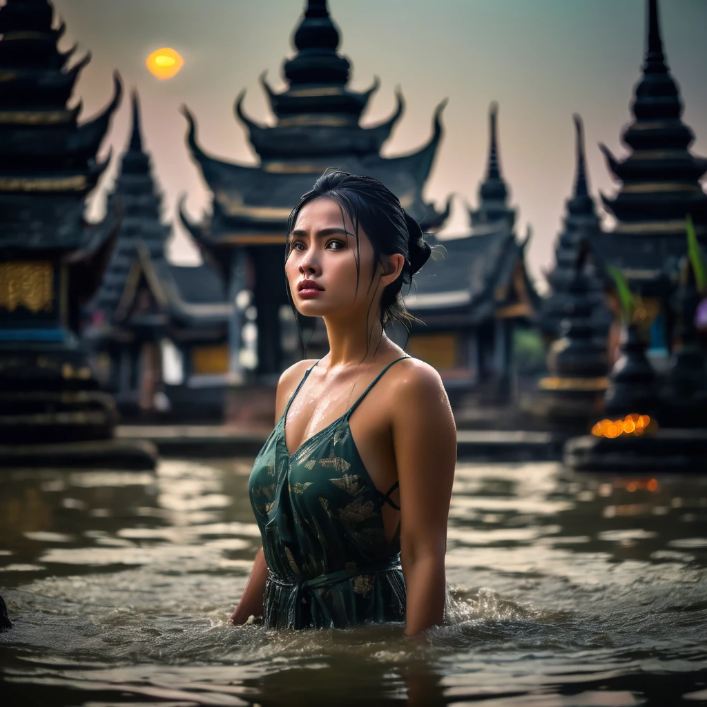 panic-sticken beautiful woman, pretty face with tear and sweat, worried and frightful facial expression, perfect body, wet black hair, tightly bun hair, walking into the water, forsaken Thai temple with pagodas, night sky, dim ancient torch light, mysterious tone,