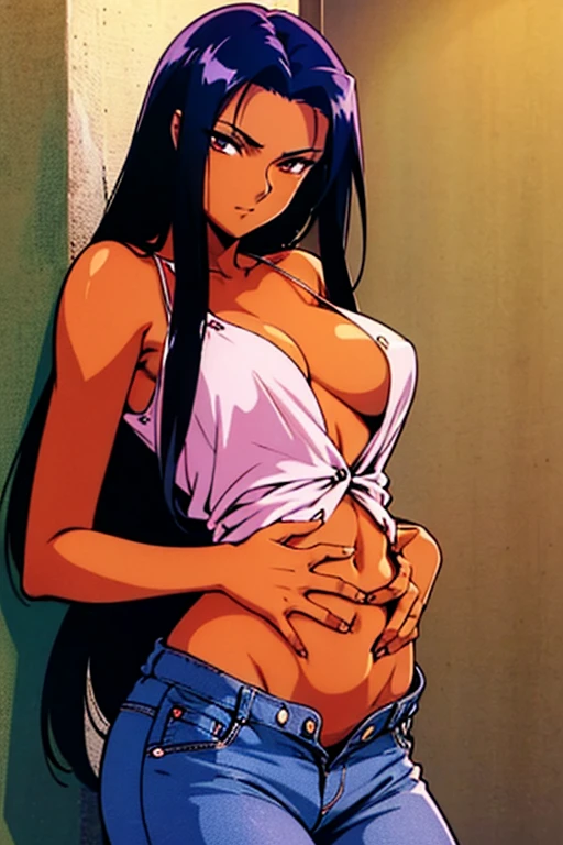 ((masterpiece)), (detailed), dark tanned skin anime woman in a deep V-neck button-up cami top, (jeans), (long hair), starving, (resting hands on the stomach), (hands on the stomach), (slim body), resting hands on top of the tummy
