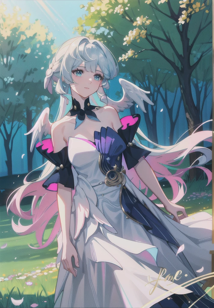 beautiful eyes, rose-colored lips, serene expression, graceful movements, blooming flowers in the background, a gentle breeze, an enchanting garden, sunlight filtering through the trees, a touch of nostalgia, a sense of tranquility and elegance. The woman stands tall with poise, her flowing dress cascading down in soft folds. Her delicate features are accentuated by the soft and warm lighting, casting a beautiful glow on her face. The painting depicts a scene reminiscent of an oil painting, with vibrant colors and detailed brushstrokes bringing the composition to life. The artist's masterful composition captures the essence of the woman's grace and beauty. The high resolution and fine details of the artwork showcase the meticulous craftsmanship and attention to detail. The woman's gray hair adds a touch of wisdom and sophistication to her appearance. It is a portrait that exudes strength, determination, and a sense of inner peace.on scene
