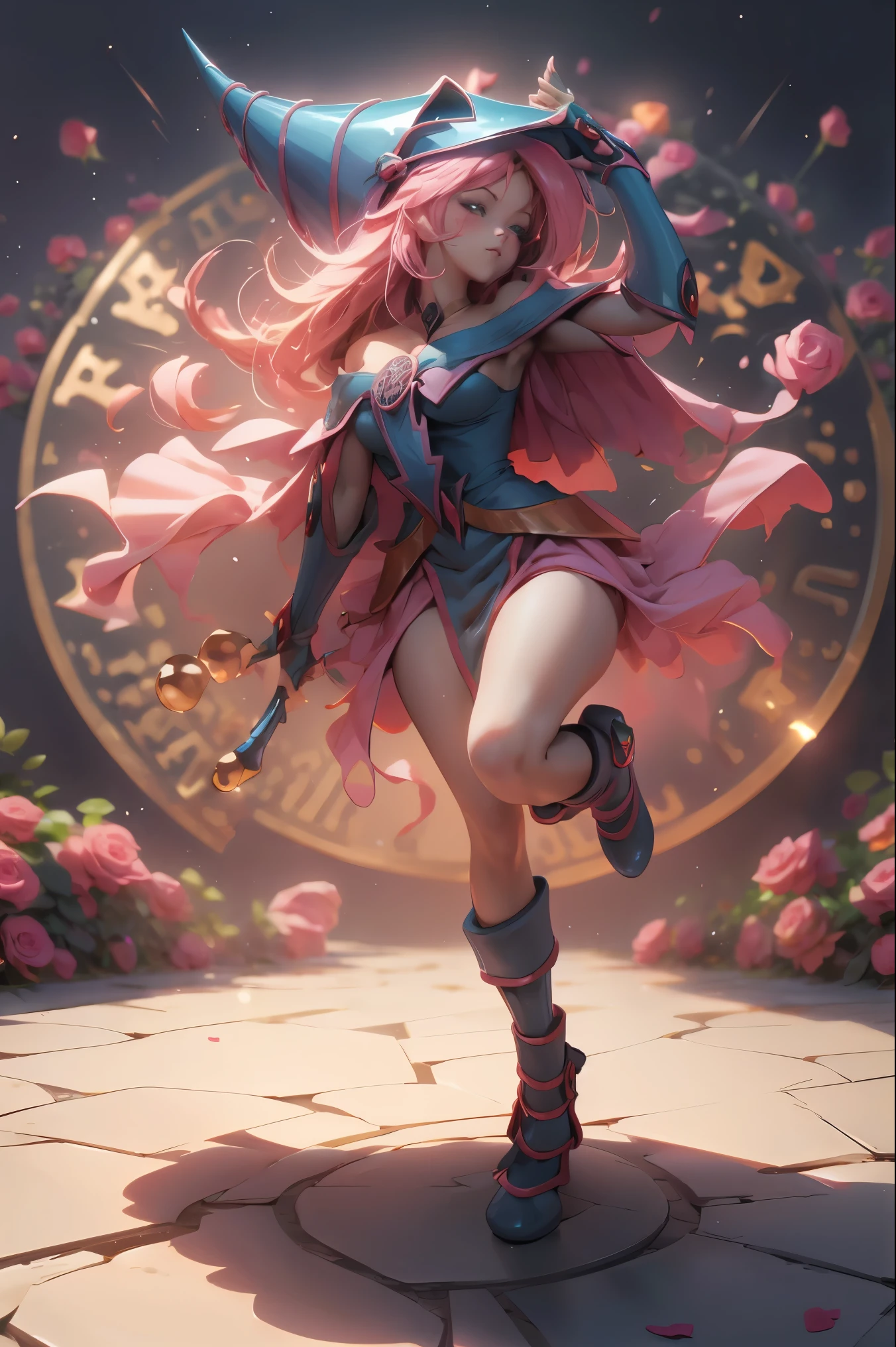 Hermosa dark magician gils. Joven con cabello corto y rubia. Ojos verdes. Labios rosados. She is in a garden of red roses. Rosas rojas la rodean. Pose  y inocente. Fondo de rosas rojas y lluvia 