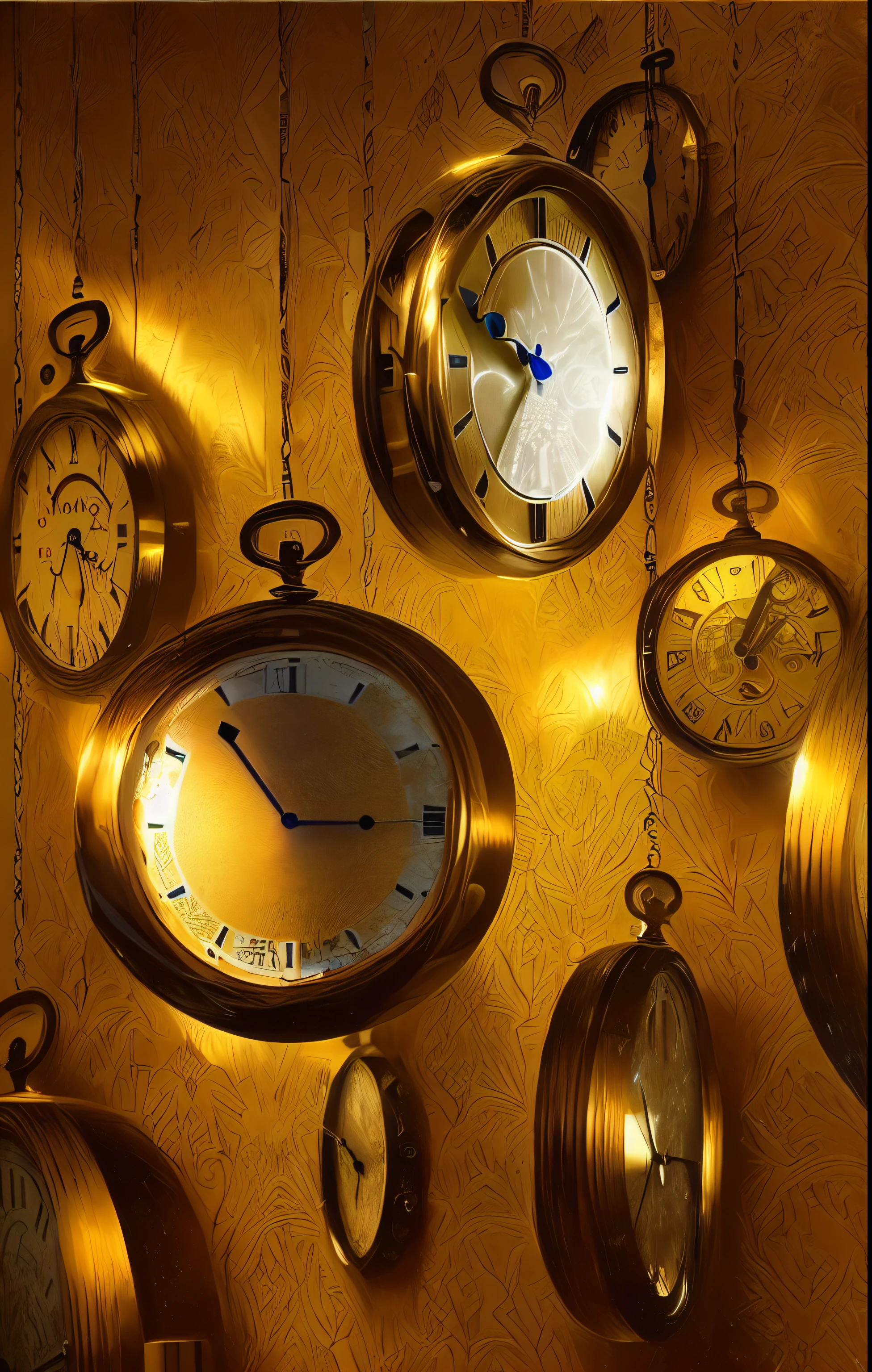there are many clocks hanging from the ceiling of a room, clocks, time does not exist anymore, small clocks as leaves, caught in the flow of time, time is running out, clock iconography, the flow of time. complex shapes, rene magritte. detailed, time dragging on for too long, time warping, in search of lost time