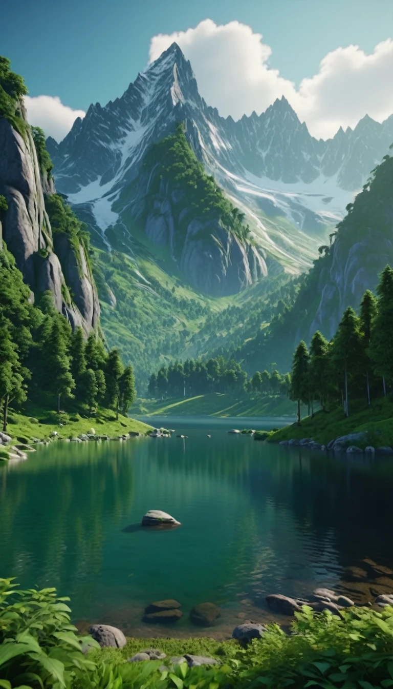 A highly detailed and visually stunning landscape, with towering mountains, a serene lake, and lush green forests. Photorealistic, cinematic, 4K.