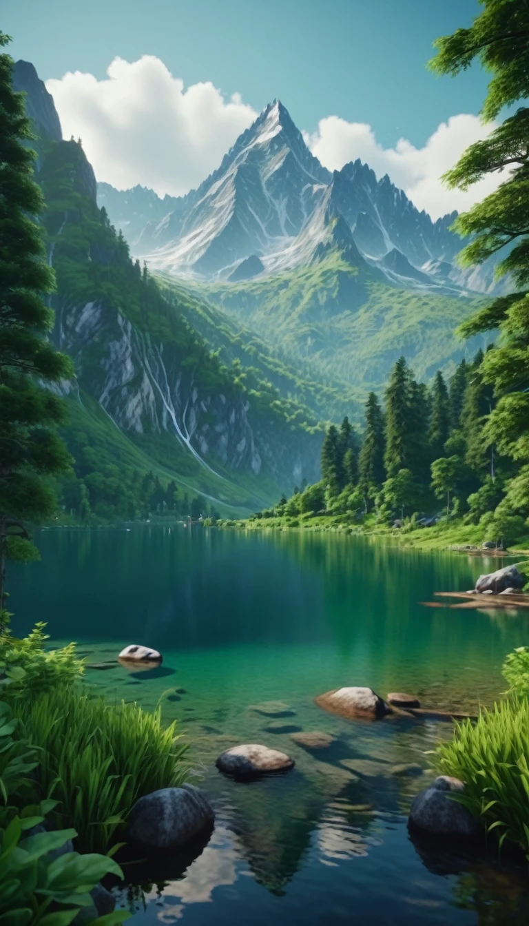 A highly detailed and visually stunning landscape, with towering mountains, a serene lake, and lush green forests. Photorealistic, cinematic, 4K.