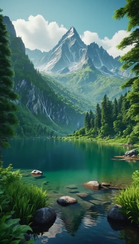 a highly detailed and visually stunning landscape, with towering mountains, a serene lake, and lush green forests. photorealisti...