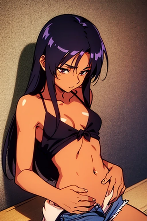 ((masterpiece)), (detailed), dark tanned skin anime woman in a deep V-neck tied top, (bare shoulders), (bare arms), (jeans), (long hair), starving, (resting hands on the stomach), (hands on the stomach), (slim body), resting hands on top of the tummy