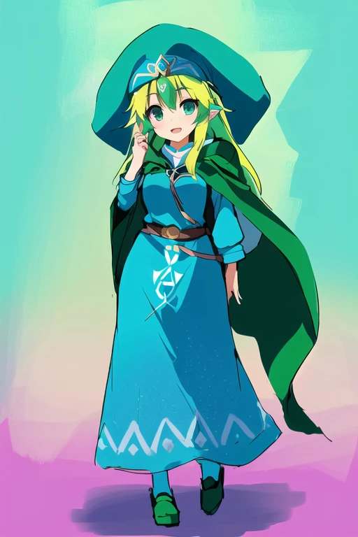 Cartoon girl in a green hat and blue dress, Princess「Kida」Kidaダガシュ, エルフPrincess, Blonde Princess, Wearing a green cloak, From The Legend of Zelda, Wearing a green cloak, Zelda-inspired art, Wearing a green cloakいる, Wearing a long haired cloak, Princess Zelda, Drawn with Microsoft Paint, (((gone crazy))) エルフPrincess