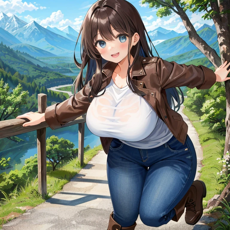 A Beautiful Cute Girl, (18 Years-Old), with ((Lush, Long Dark-Brown Hair)), (Big Beautiful Blue Eyes), (Extremely Enormous Breasts), Extremely Wide Hips/thighs, and a very Athletic Figure. She’s wearing a ((Brown-Leather-Jacket)), a (Light-Blue Shirt), (Worn/Weathered, Dark-Blue Jeans), and (Grey Boots). Hiking in a Forest, within the Mountains, Beautiful View of the Mountains in the distance, Slightly Sweaty, Beautiful Smile, with an Adventurous and Excited Expression.