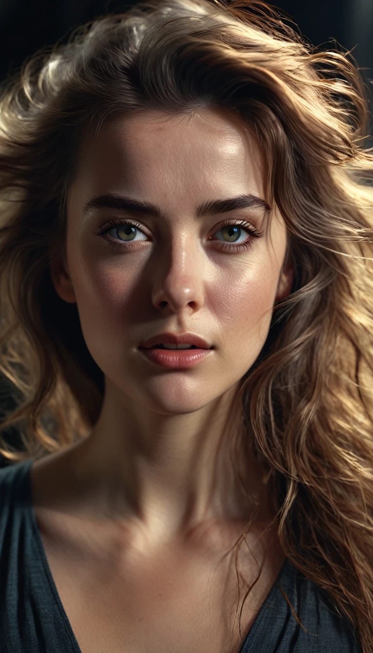 A close-up portrait of a young woman with striking features, windswept hair, and an intriguing facial expression. Photorealistic, dramatic lighting, 4K.