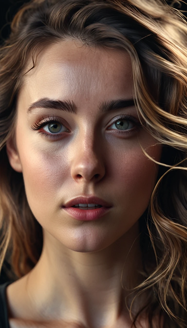 A close-up portrait of a young woman with striking features, windswept hair, and an intriguing facial expression. Photorealistic, dramatic lighting, 4K.