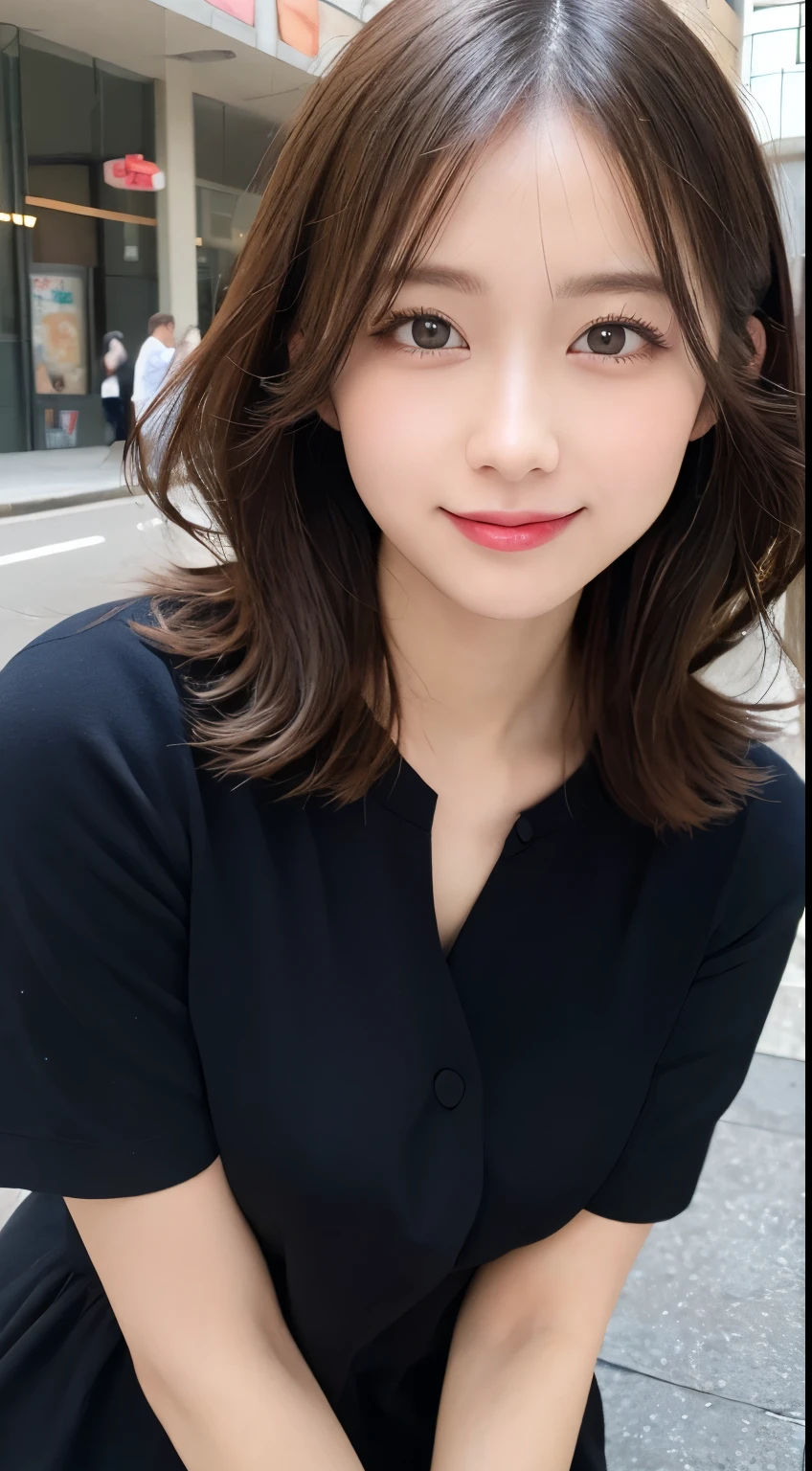 masutepiece, Best Quality, Illustration, Ultra-detailed, finely detail, hight resolution, 8K Wallpaper, Perfect dynamic composition, Beautiful detailed eyes, doress,Medium Hair, Natural Color Lip, Random and sexy poses,Smile,Aoyama Street Walk、32-year-old woman