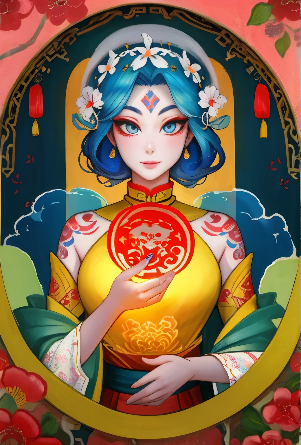 An ancient Chinese beauty, charming temperament, flowing long skirt, clear face, beautiful eyes, osmanthus surrounding, perfect body structure proportional masterpiece, super detailed, epic composition, color tattoo art, new traditional tattoo art, SD tattoo design, color tattoo art, mysterious warm and friendly atmosphere, hyper-realistic painting, super HD, high quality, highest quality, 32k --v 6