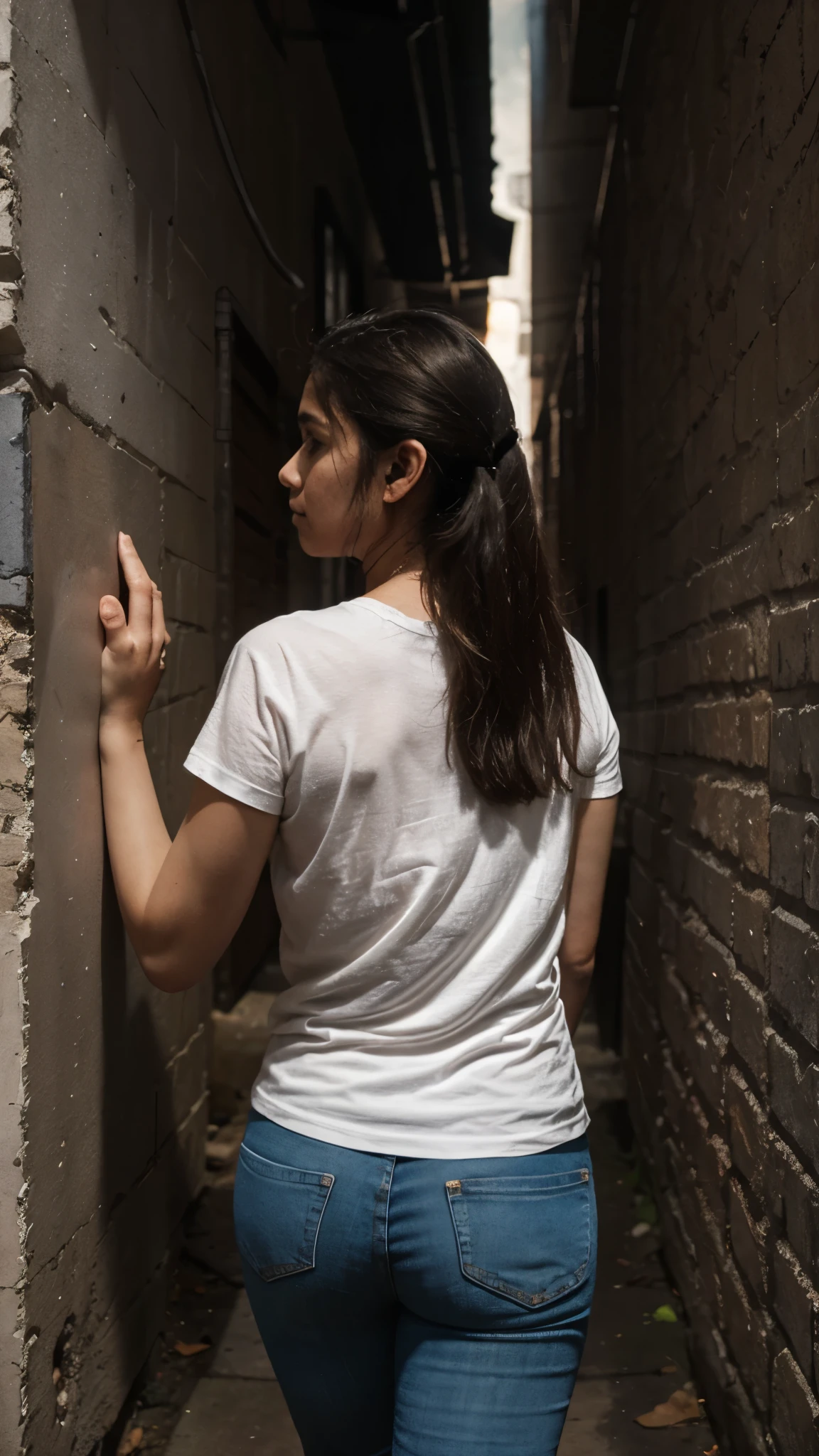 Indian acting class, accidentally entered the wrong room, white t-shirt and jeans, hidden in a wall in a dark alley, dark  and black , back camera 