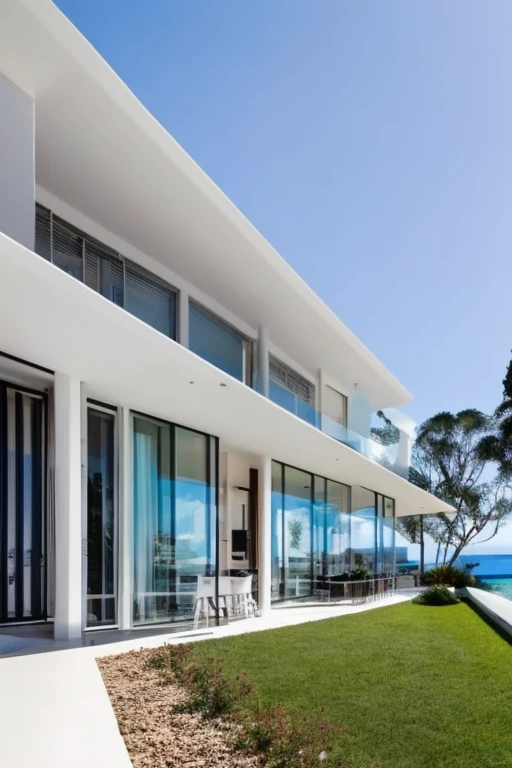 ultra realist, 8k, high quality, modern and elegant dining room, the expansive windows open up to a breathtaking view of the sea. The white, minimalist furniture with contemporary design creates a bright and inviting atmosphere. The dining table features a glass surface and stainless steel legs, surrounded by white upholstered chairs. A state-of-the-art flat-screen television hangs on the wall across from the table, displaying a documentary about marine life. One of the side walls is adorned with natural stone panels in shades of gray and brown, adding warmth and rustic charm to the space. The sofa, positioned against the stone wall, offers a view of the sea while enjoying television. The white oak parquet flooring and high ceilings painted in white complete this harmonious blend of modernity and nature.