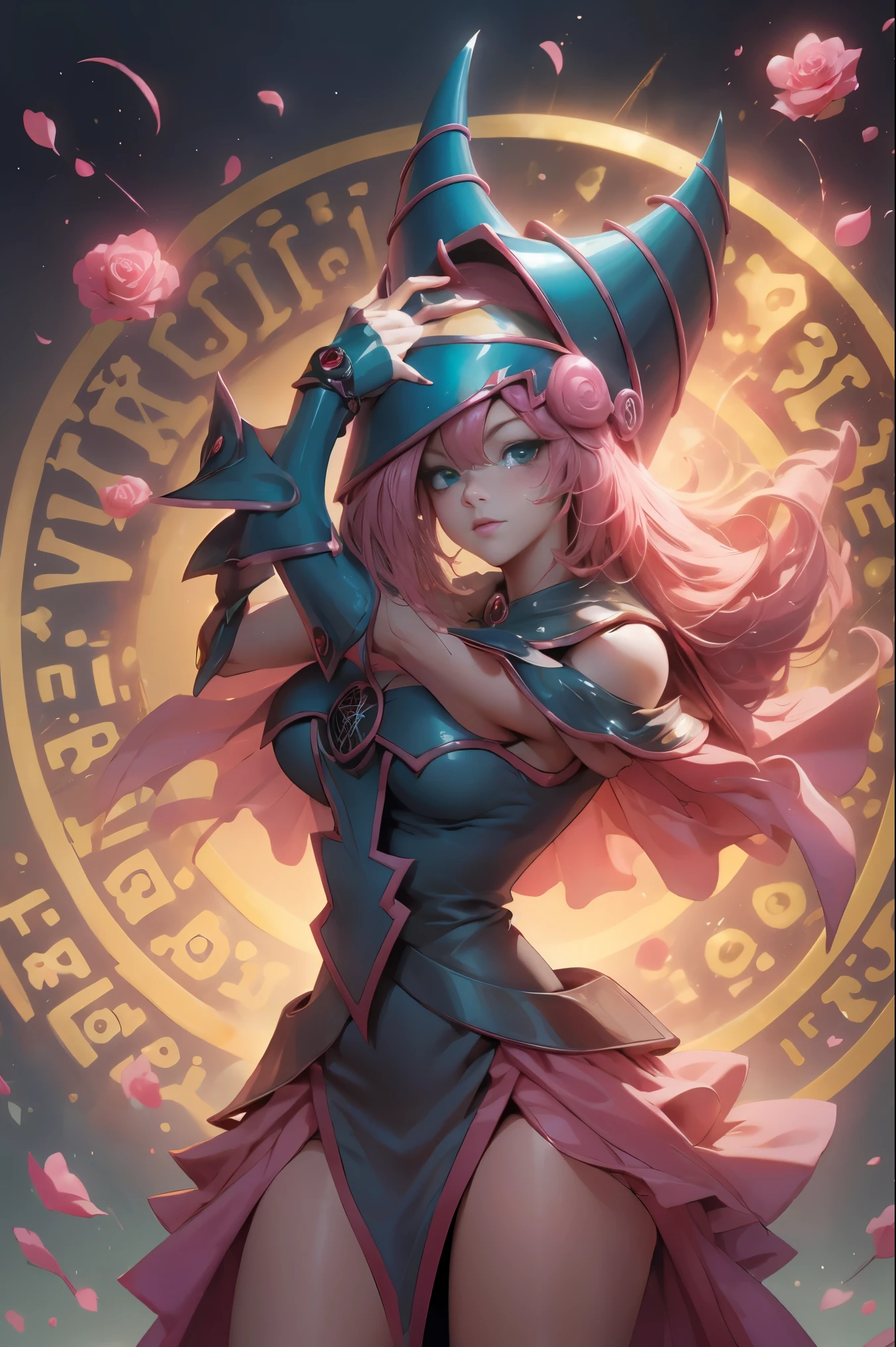 Hermosa dark magician gils. Joven con cabello corto y rubia. Ojos verdes. Labios rosados. She is in a garden of red roses. Rosas rojas la rodean. Pose y inocente. Fondo de rosas rojas y lluvia