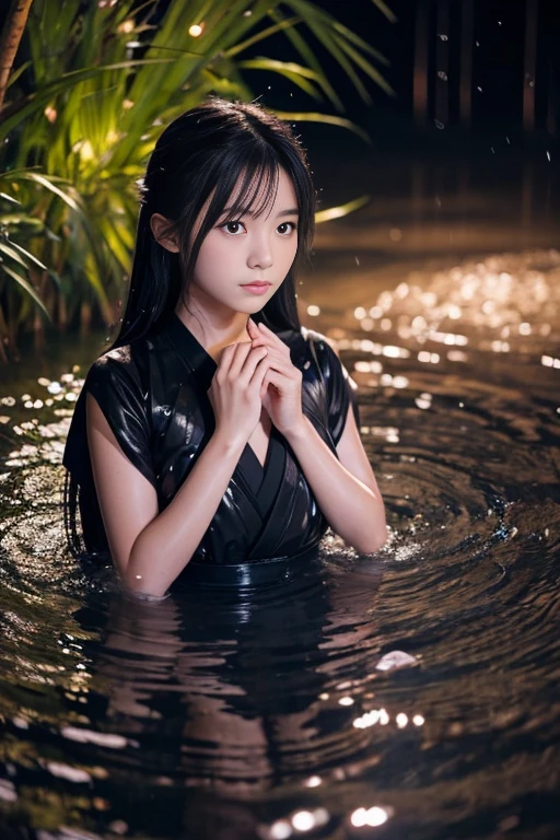 A 14-year-old Japanese girl、Although she is a female ninja, she is also a beautiful idol-like girl.。In the rain at night、Cherry blossom petals floating in the water。The background is pitch black、The moonlight barely illuminates the woman.。The woman is in the water、It looks like he is breathing through a thin bamboo tube.。It looks like he's using the Water Release technique.。This realistic human image was taken with a single-lens reflex camera.、It is high resolution.、A woman is wearing a ninja outfit。