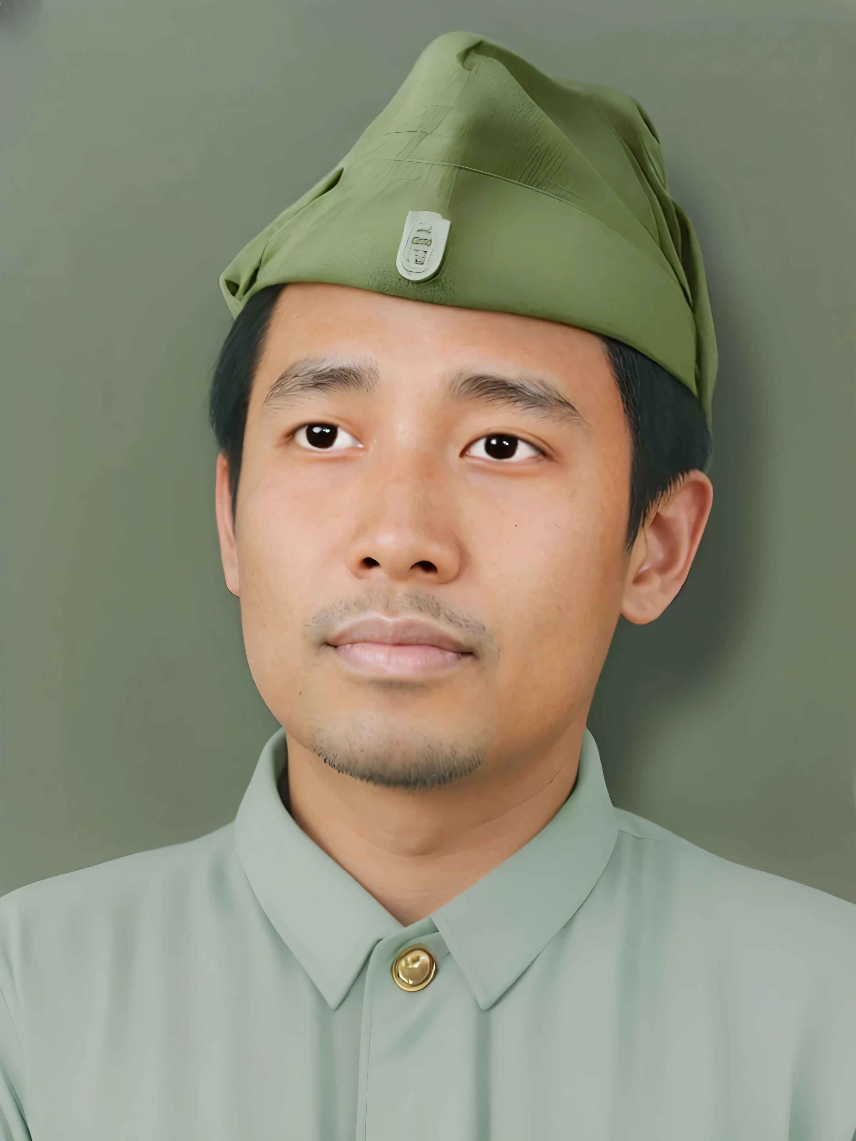 Make this a photo look detailed and realistic, arafed man in a green uniform poses for a picture, inspired by Oka Yasutomo, inspired by Basuki Abdullah, inspired by Yoshihiko Wada, inspired by Yasutomo Oka, 2 d render, inspired by Kim Hwan-gi, digitally painted, japan soldier in world war 2, portrait. high detail, color portrait, portrait of a soldier