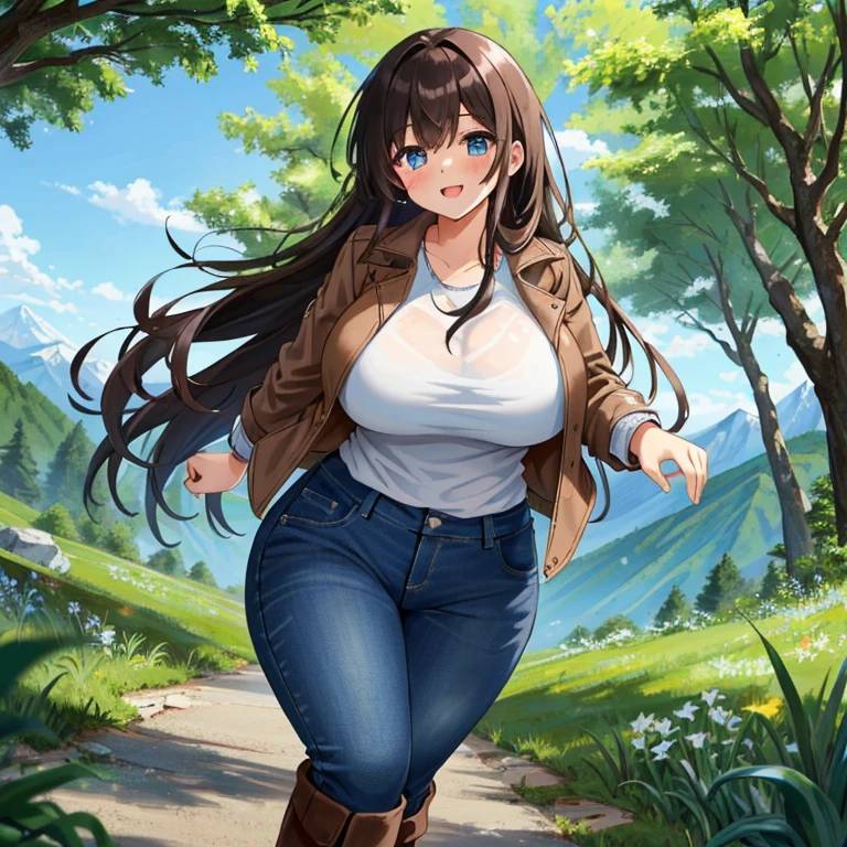 A Beautiful Cute Girl, with (Lush, Long Dark-Brown Hair), (Big Beautiful Blue Eyes), (Extremely Oversized, Excessively Overinflated, Extremely Enormous Breasts), (Incredibly Wide Hips), Large thighs, and is very Athletic. wearing a (Brown-Leather-Jacket), Light-Blue Shirt, ((Roughed Dark-Blue Jeans)), and (Black Boots). Standing in a Forest, in the mountains, with a Pretty Smile. (Solo), ((Best Quality)), ((Best Detail)), ((Highly Detailed Eyes)), (Perfect Anatomy), (Mildly Weathered Clothing),