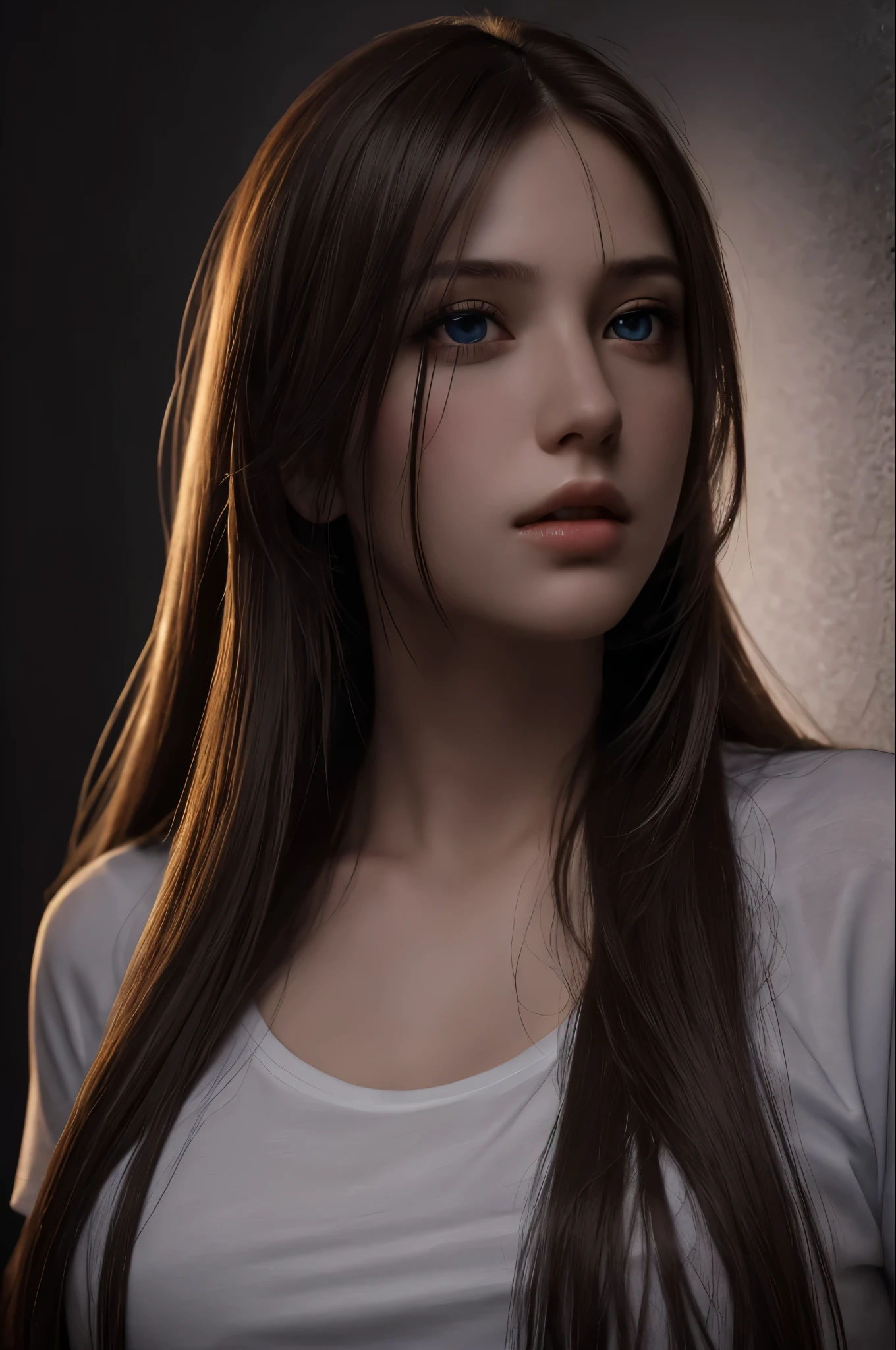 Best quality, masterpiece, ultra high res, (photorealistic:1.37), raw photo, 1girl, long hair, beautifull eyes, beautifull face, detailed eyes and face, t-shirt, dynamic lighting, in the dark, deep shadow, low key, cowboy shot
