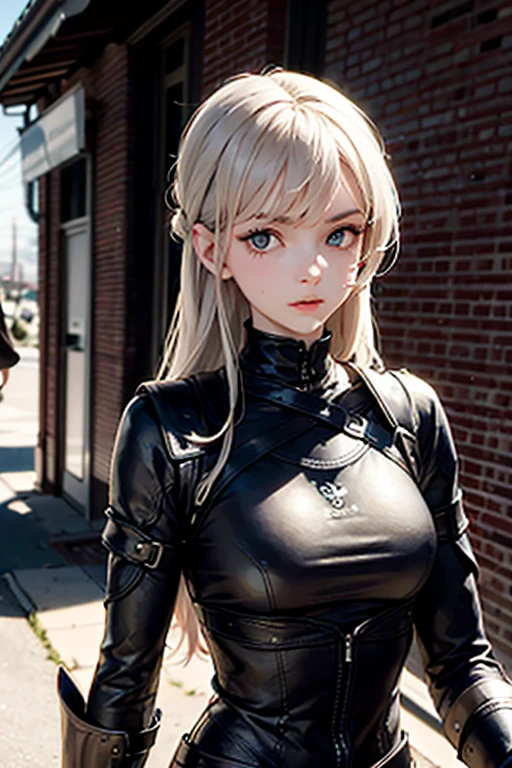 A 2D impressionist illustration of a Russian girl in her early 20s with ash-gray hair wearing jet-black armor heading out on a covert mission. Full of dynamism.