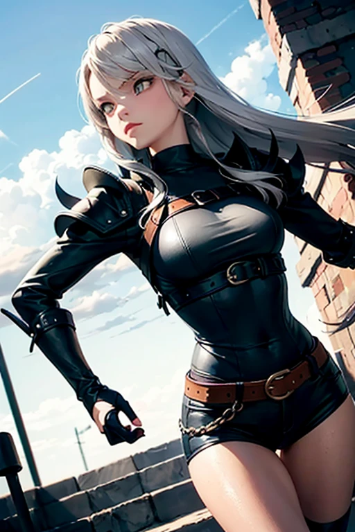 A 2D impressionist illustration of a Russian girl in her early 20s with ash-gray hair wearing jet-black armor heading out on a covert mission. Full of dynamism.