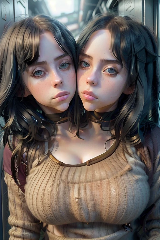 A stunning intricate full color portrait of loraavril and Billieeilish conjoined, a magic portal to a parallel world, style of ilya kuvshinov alessio albi nina masic, sharp focus, natural lighting, subsurface scattering, f2, 35mm, film grain, loose fitting sweater, cleavage, (two heads, conjoined_dicephalus), cheeks rubbing together, (kissing:1.3)
