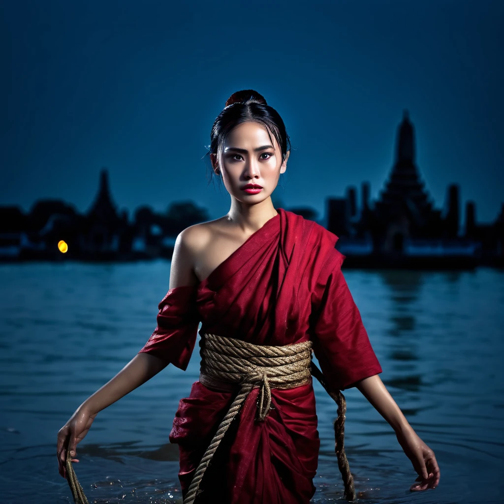 panic-sticken beautiful woman in Thai ancient dark red breast cloth, pretty face with tear and sweat, worried and frightful facial expression, perfect body, wet black messy bun hair, her two wrists are tighted with rope, walking into the water, she is judge drowning to death sentence, forsaken Thai temple with pagodas, night sky, dim ancient torch light, depressive tone,