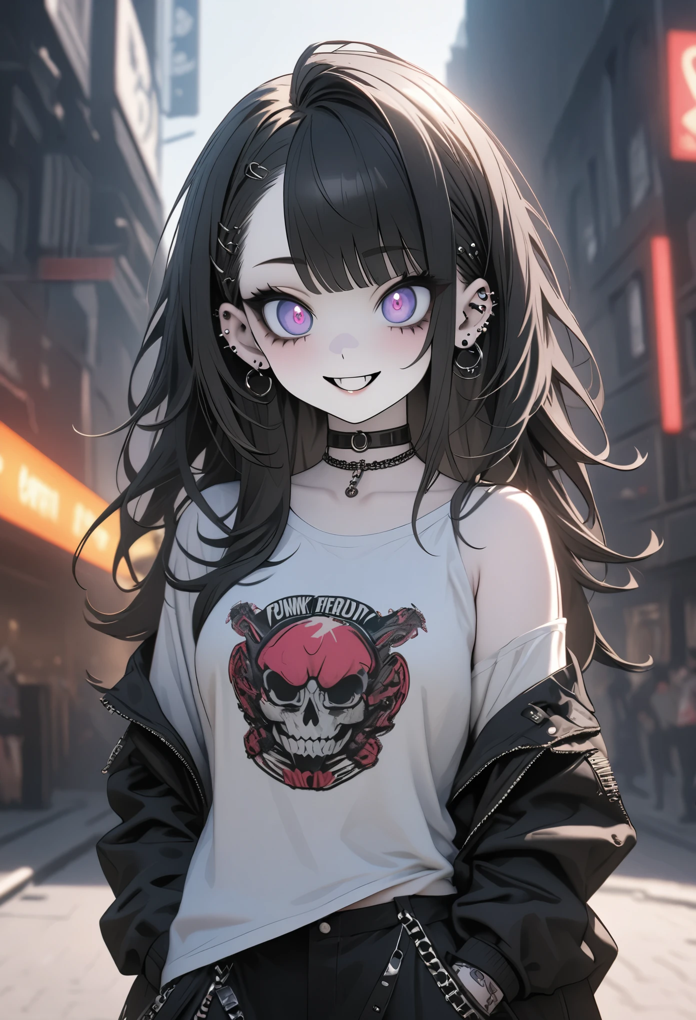 (absurdres), 8k, ((masterpiece)), (hyper extreme detailed:1.2), solo, 1girl, (perfect face), portrait, expressive eyes, standing, (cute girl), perfect hands, pale skin, (friendly), excited, punk rock, Long Hair, (Multicolored Hair), black choker, black lipstick, Piercings, Ear Piercings, Lip Piercings, (small breast), smile, street clothing, perfect anatomy, (hands in pockets), (graphic t-skirt), anatomically correct, cowboy shot, exposed shoulder,