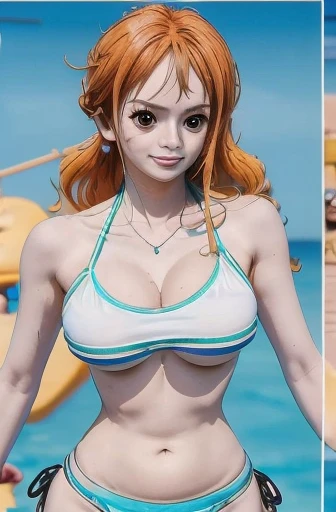 Nami Big breast Big butt in rainbow micro bikini,masterpiece, 4k, portrait, cowboy shot, (PLAYGROUND BACKGROUND), professional artwork, intricate details, colorful, digital blending, (ultra detailed body, ultra detail hair, ultra detail face),(navel, belly button), slender body, slender belly,