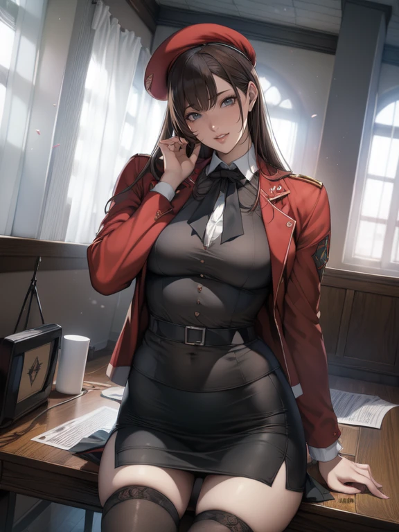 (1.woman, alone), 8k, ((Flying debris)),(((highest quality))),((Very detailed)),((((reality)))), reality的:1.37, (Ultra-realistic), (High resolution), (Very detailed), (Very detailed細壁紙), (detailed aspects), (Beautiful expression), ((詳細 highest qualityのスキン:1.2)), ((Reddish cheeks)), (Very detailed細な背景, Detailed Background), All limbs、Full Finger、1 美しいwoman,Mole under the eye、、Sweat、Slender beauty、Straight hair、Brown Hair、((Red military officer jacket、Black pencil skirt、Black Half Stockings、Wearing a black military beret、Black tie、Nameplate、Thin body))、Inside the Military Operations Center、Command Center