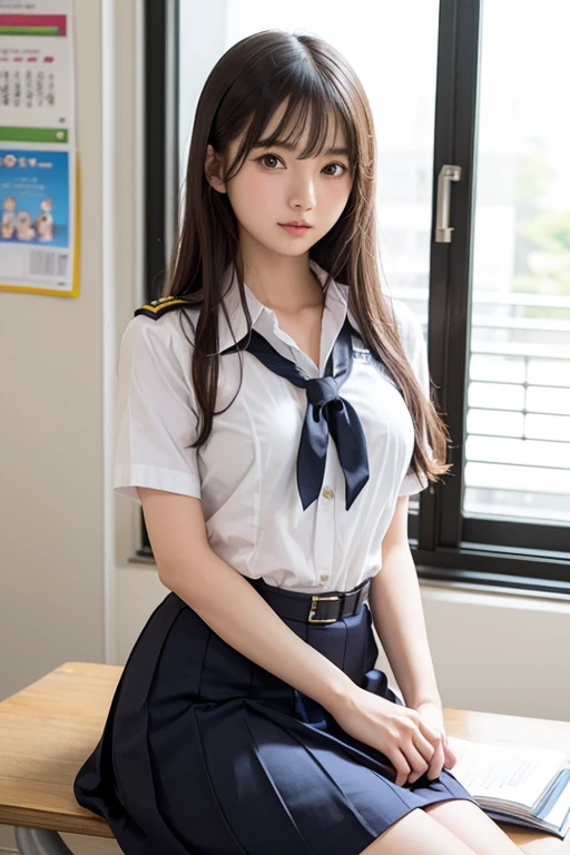 (Alafed asian girl in uniform sitting on desk, wear Japanese , Japanese , Japanese girl uniform, a Surreal , Beautiful anime school girl, Cute school girl, wear , realistic Young Gravure Idol, wear , Young beautiful gravure idol, Surreal , Young Gravure Idol