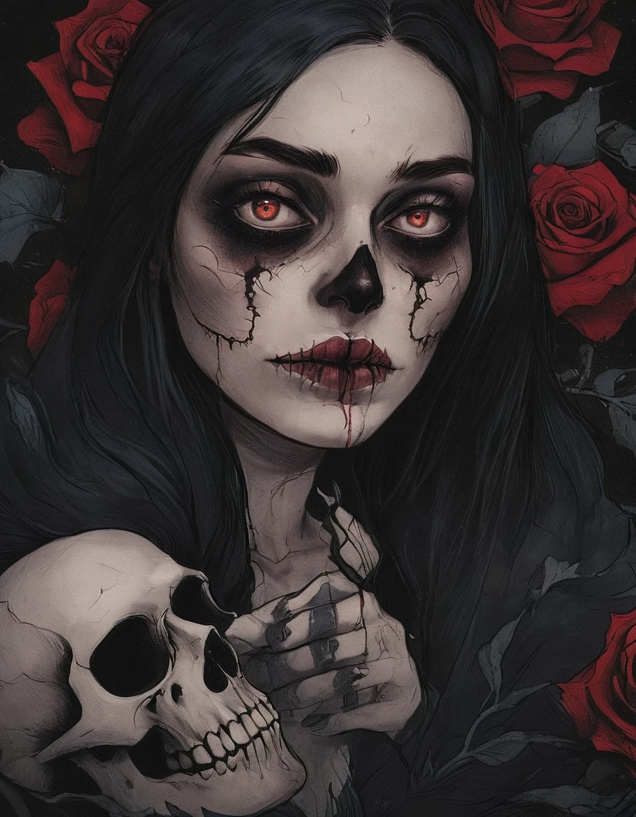 "(best quality,highres),ultra-detailed,realistic,professional,portraits,drama color scheme,woman,beautiful detailed eyes,beautiful detailed lips,extremely detailed eyes and face,dark hair,expressive facial expression,intense gaze,photographer,horror,poster,bold lines,hyper detailed" (highres,realistic) horror tattoo art, skull girl, detailed tattoos, dark and eerie ambiance, vibrant colors, intricate linework and shading, creepy atmosphere, gothic theme, haunted expression, macabre beauty, (sinister, haunting) eyes, (ominous, mysterious) background, (grim, foreboding) atmosphere, (sharp, jagged) teeth, (elegant, flowing) hair, (gruesome, intricate) skull, (sinister, haunting) flowers, (distressed, worn-out) textures, (ominous, flickering) candlelight, (bloodcurdling, chilling) details, (hauntingly, hauntingly) realistic, (unsettling, unsettling) shadows, (ghastly, haunting) apparitions, (macabre, dark) art style, (grim, eerie) aesthetic, (unsettling, bone-chilling) composition, (spooky, supernatural) elements, (dreadful, horrifying) visage, (frightening, spine-tingling) aura, (sinister, haunting) symbolism, (dark, gothic) undertones, (mysterious, haunting) expressions, (ominous, eerie) presence, (haunting, otherworldly) vibes.