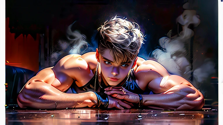 Justin Bieber Lying on his stomach puffs of transparent Orange steam gather into the figure of a young man + in tight-fitting tights + aesthetically pleasing + beautiful + high resolution + hyperrealism + professional photo, Young guy, pronounced muscles, fifteen years old, posing, offering himself, tempting, erotic, in a thong, erotic, provocative Halloween costume, Rear top view, European appearance , daring, brutal hairstyle, large voluminous elastic lush buttocks, torn fabric exposed, ART painting, white hair, attractive uncovered male figure, full-length silhouette, image of insidious seduction, professional photo,