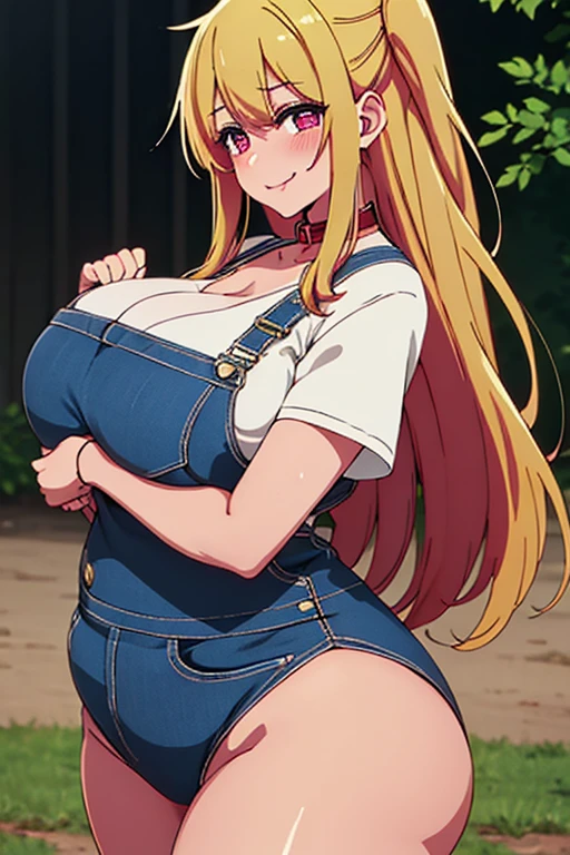 best quality, intricate detailasterpiece:1.2, best quality:1.2, beautiful, high quality, highres:1.1, aesthetic), detailed, extremely detailed, ambient soft lighting, 4K, perfect eyes, perfect face, perfect lighting, 1girl, solo, huge breasts, huge ass, huge thighs, narrow waist, wide hips, thick thighs, curvy, Oshinoko drawing, standing, looking at viewer, Ruby Hoshino, solo woman, long, golden hair, beautiful face, perfect hands, red starry eyes, detailed lighting, tongue out, tongue, long hair, star \(symbol\), looking at viewer, hair ornament, :p, symbol-shaped pupils, naked overalls, collar, blushing,sweating, (breathing hard), (panting), anime, farm, smile, huge ass, huge breasts, huge thighs, narrow waist, wide hips, thick thighs, curvy, bangs, one side up, star-shaped pupils, farm,