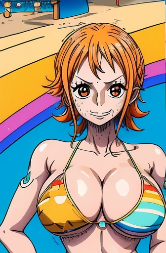 Nami Big breast Big butt in rainbow micro bikini,masterpiece, 4k, portrait, cowboy shot, (PLAYGROUND BACKGROUND), professional artwork, intricate details, colorful, digital blending, (ultra detailed body, ultra detail hair, ultra detail face),(navel, belly button), slender body, slender belly,