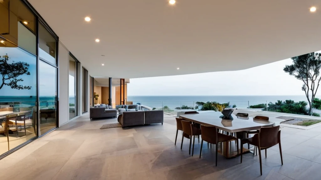 ultra realistic 8k, high quality, modern and elegant dining room, the expansive windows open up to a breathtaking view of the sea. The white, minimalist furniture with contemporary design creates a bright and inviting atmosphere. The dining table features a glass surface and stainless steel legs, surrounded by white upholstered chairs. A state-of-the-art flat-screen television hangs on the wall across from the table, displaying a documentary about marine life. One of the side walls is adorned with natural stone panels in shades of gray and brown, adding warmth and rustic charm to the space. The sofa, positioned against the stone wall, offers a view of the sea while enjoying television. The white oak parquet flooring and high ceilings painted in white complete this harmonious blend of modernity and nature.